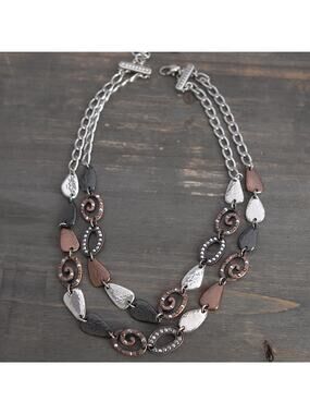 Brighton Melange Layered Necklace Silver Bronze Two Strand Hammered Crystal
